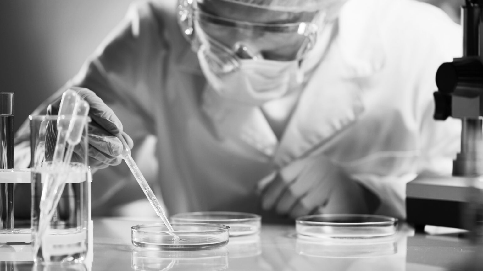 Scientist carefully carrying matured cell to another plate, conducting research