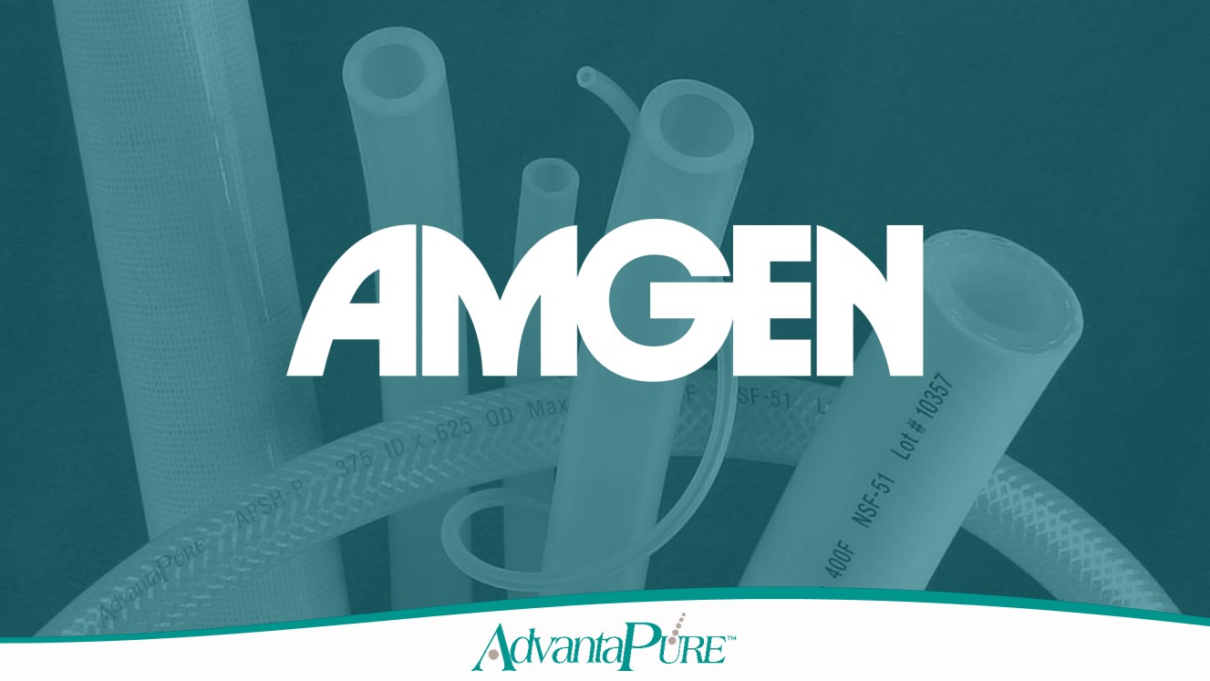Cover slide of PowerPoint Presentation. AMGEN logo in white over tubing image.