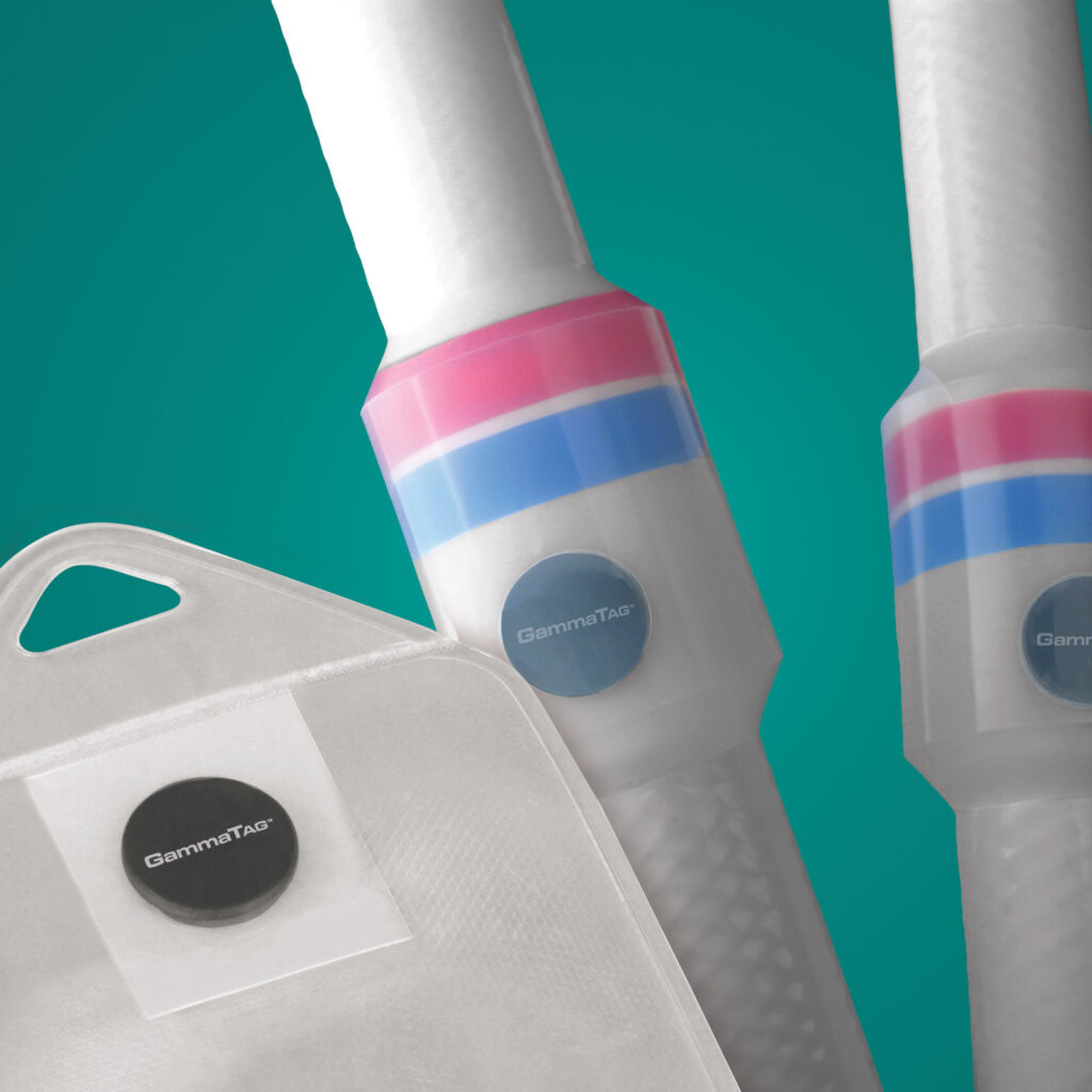 RFID Scanning tags on a bag and tubing, on a teal background