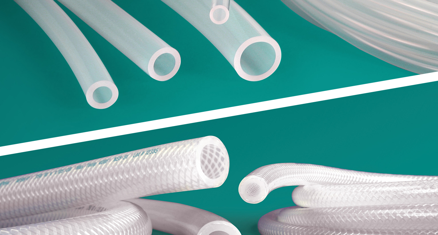 Photo spilt diagonally down the center horizontally with and image of tubing on the teal background on top and hose on a teal background on the bottom