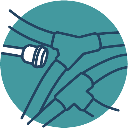 Icon of illustrations of an overmolded T and Y connection and a molded fitting on a teal circle