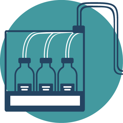 Icon of illustration of Fill Fill - 3 bottles in a final fill finish, bulk filling machine on teal circle