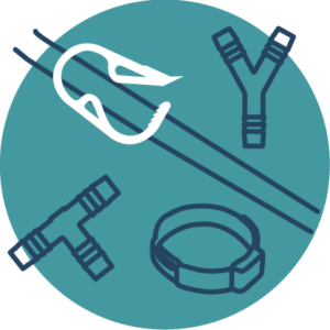 Icon of illustrations of components, including a pinch clamp with tube, barbed Y fitting, barbed T fitting and an oetiker clamp on a teal circle