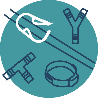 Icon of illustrations of components, including a pinch clamp with tube, barbed Y fitting, barbed T fitting and an oetiker clamp on a teal circle